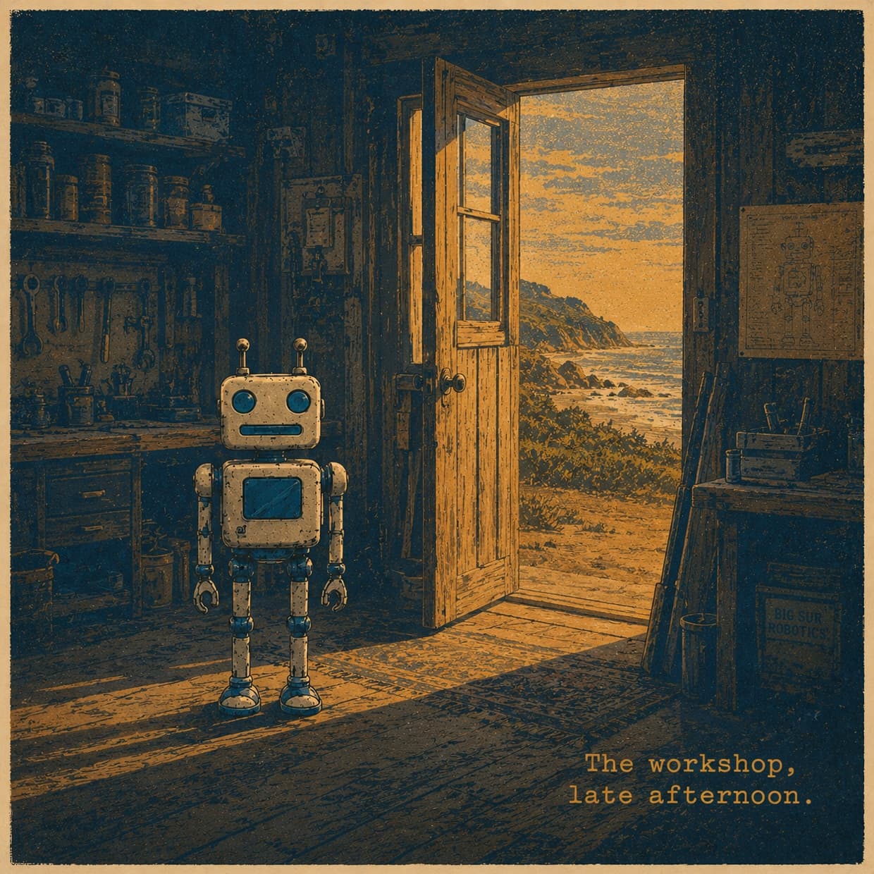 Frodine, a small robot, standing in the Big Sur Robotics workshop in late afternoon, an open door framing the coast at sunset.